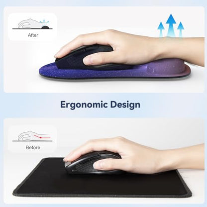 TECKNET 2 Pack Gaming Ergonomic Mouse Pad with Wrist Support | Soft Memory Foam, Fast Rebound, Pain Relief，Waterproof Surface, Non-slip Base - color: Purple Galaxy