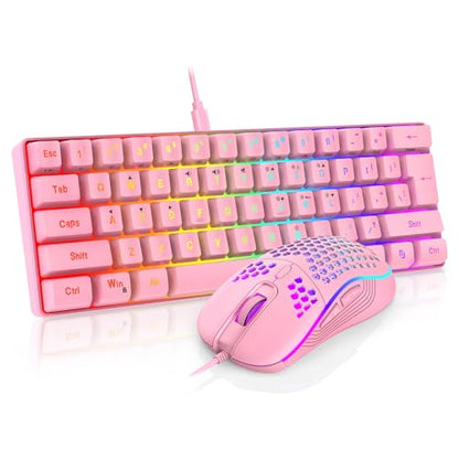 RedThunder 60% Gaming Keyboard and Mouse Combo, Ultra-Compact 61 Keys RGB Backlit Mini Keyboard, Lightweight 7200 DPI Honeycomb Optical Mouse, RGB Wired Gaming Set for PC MAC PS5 Xbox Gamer(Pink) - style: 01 Pink Wired Combo
