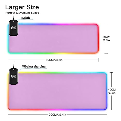 Lavender Magenta Wireless Charging RGB Gaming Mouse Pad 15W, LED Mouse Mat 31.5 x 11.8 Inch, 14 Light Modes Extra Large Mousepad Non-Slip Rubber Base Computer Keyboard Mat for Gaming, PC, Laptop, Desk - color: Lavender Magenta, size: XX-Large 31.5x11.8in