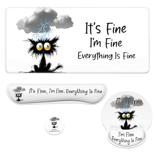 Black Cat Mouse Pad Set It's Fine I'm Fine Everything is Fine Gaming Mousepad 4in1 Desk Mat for Desktop Anti-Slip XXL Big Computer Ergonomic Mousepad with Wrist Support for Keyboard and Mouse - color: Black Cat, size: 35.4L x 15.7W inches