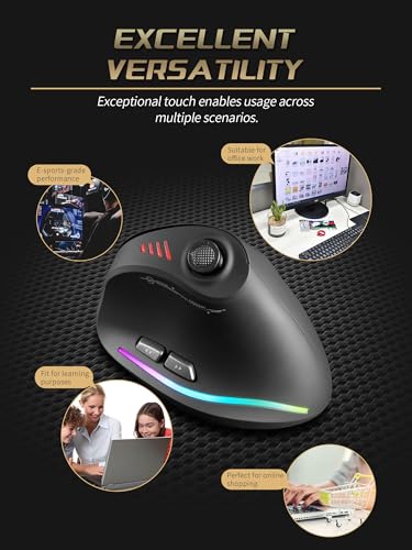 TKMARS Ergonomic Vertical Gaming Mouse with 5-Way Thumb Joystick, Tri-Mode Wireless, 12 Programmable Buttons, Up to 24000 DPI, Rechargeable RGB Mouse for Gaming, Work and Creative Tasks