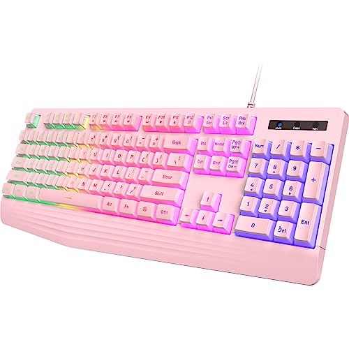 yesbeaut Pink Creamy Keyboard, Rainbow LED Backlit, 104 Keys Silent Light Up Gaming Keyboard with Wrist Rest, PBT Keycap, Anti-ghosting, Waterproof USB Wired Computer Keyboard for PC Mac Xbox - color: pink