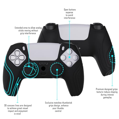 eXtremeRate PlayVital Samurai Edition Black Anti-Slip Controller Silicone Skin for ps5, Ergonomic Soft Rubber Protective Case for ps5 Controller with Black Thumb Stick Caps - color: Black