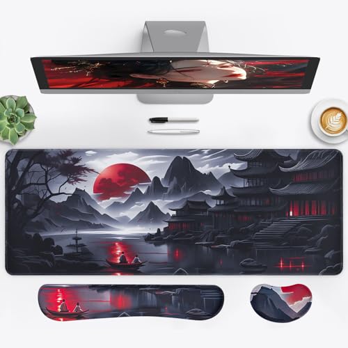 3-in-1 Large Gaming Mouse Pad, Anime Mouse Pad & Keyboard Wrist Rest Support, Memory Foam Ergonomic, Japanese Red Moon Desk Mat Set for Home Office Study Game, 31.5 X 11.8 Inch - color: RedMoon-wrist Rest, size: 31.5L x 11.8W inches