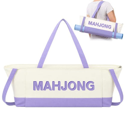 Abbylike 28x9 Inches Mahjong Bag for Rolled Mat Tiles Racks Pushers Accessories Empty Mahjong Tote Bag with Zipper Closure Outer Pockets Lining Large Capacity(Beige&Purple,Canvas) - color: Beige&purple