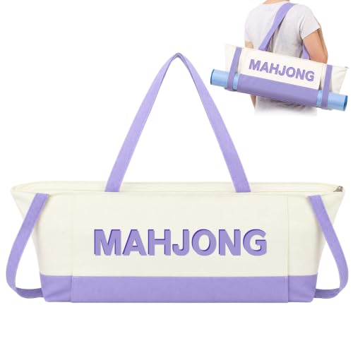 Abbylike 28x9 Inches Mahjong Bag for Rolled Mat Tiles Racks Pushers Accessories Empty Mahjong Tote Bag with Zipper Closure Outer Pockets Lining Large Capacity(Beige&Purple,Canvas) - color: Beige&purple