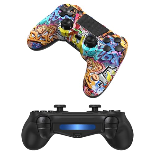 TIANHOO Wireless Controller Compatible with PS4/Pro/Slim | with Vibration Feedback, Motion Sensing, Touchpad, Light Bar, Share, 3.5mm Headphone Jack (Graffiti, Black) - color: Graffiti, Black