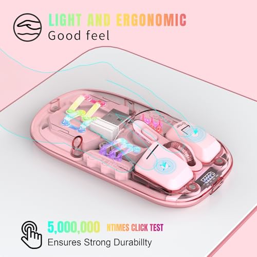 Wireless Bluetooth Mouse, Transparent BT + 2.4G Dual-Mode Mechanical Mouse with Magnetic Top Cover, Rechargeable RGB Backlit Gaming Mouse for Gaming/Esports/Desktop/Laptops/Tablets (Pink) - color: Pink