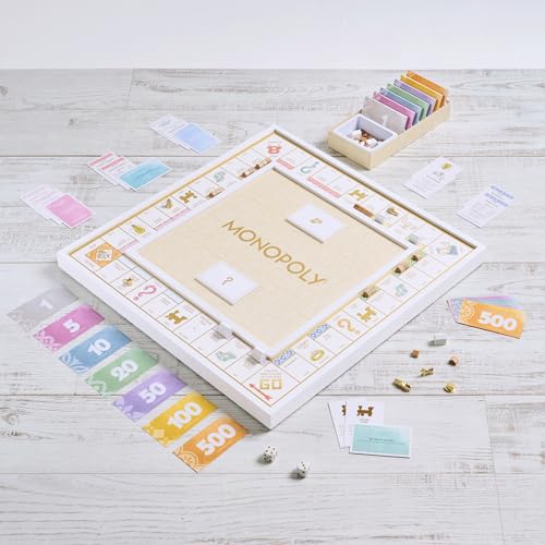 WS Game Company Monopoly Bianco Edition, White Wood Board, Gold-Tone Tokens, Grasscloth-Textured Center, Solid Wood Houses & Hotels, Premium Accessories, Board Games for 2-6 Players