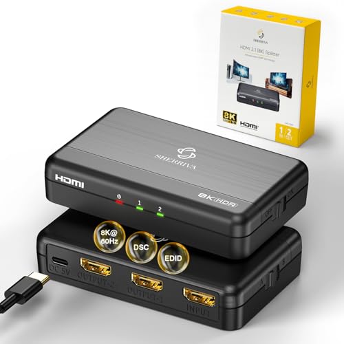 8K HDMI Splitter 1 in 2 Out (Mirror Only) – HDMI 2.1 8K@60Hz, 4K@240Hz DSC | 48Gbps, HDCP 2.3, EDID, Auto Downscaling, Duplicate Screens for Dual Monitors, TV, PS5, Xbox