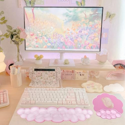 Gel Cloud Wrist Rest Keyboard Clear Pink Mouse Pad with Wrist Rest Set 3PCS Ergonomic Cool Keyboard Wrist Pad Cute Acrylic Coaster Non-Slip Base Cute Transparent Mouse Wrist Pad Support for Computer - color: 3pcs Gel Pink