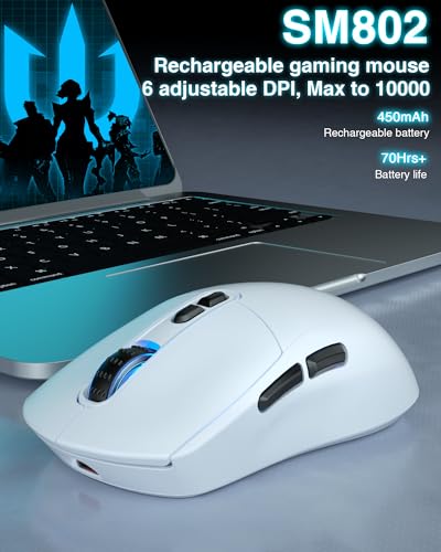 SOLAKAKA SM802 White Wireless Gaming Mouse,10000 DPI,Tri-Mode Wired/BT 5.0/2.4GHz Wireless Mouse Gaming with Side Button,RGB Programmable Macro Mouse for Laptop - color: 1-white, size: SM802