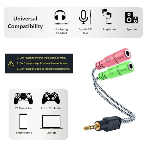 MillSO Headphone Mic Splitter, 3.5mm Headset Adapter (Microphone + Audio) 2 TRS Female to TRRS Male CTIA Stereo Jack Y Cable Compatible for Dual-Plug Gaming Headset to Xbox, PS4, Phone, Laptop, PC - size: 1 Pack / 0.6 Feet