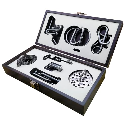8-Piece 3D Metal Puzzle Box IQ Test Kit with Wooden Case, Brain Challenge for Adults Teens, Gift for Christmas, Valentine's Day, Birthday, Anniversary & Family Party Game - color: Wooden