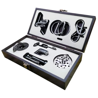 8-Piece 3D Metal Puzzle Box IQ Test Kit with Wooden Case, Brain Challenge for Adults Teens, Gift for Christmas, Valentine's Day, Birthday, Anniversary & Family Party Game - color: Wooden