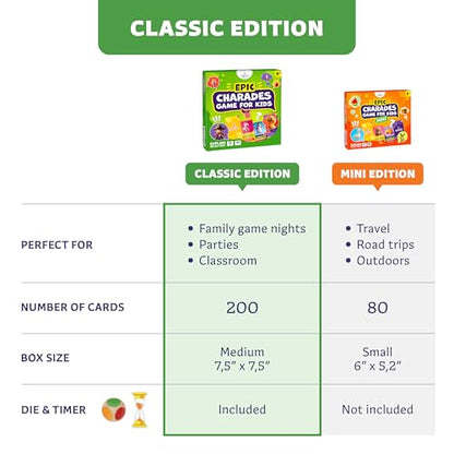 Epic Charades for Kids, Fun Family Game for Kids & Adults, 200 Cards | Act out & explain prompts, pictures for young kids, 3 difficulty levels, educational card game & board game for kids 8-12 - size: Original