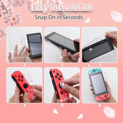 ECHZOVE Cute Glitter Switch Case with Cherry Blossom Flowers – Clear Dockable Protective Cover with Screen Protector & Thumb Grips, Aesthetic Pink Gaming Accessories Gift for Girls - color: Flower