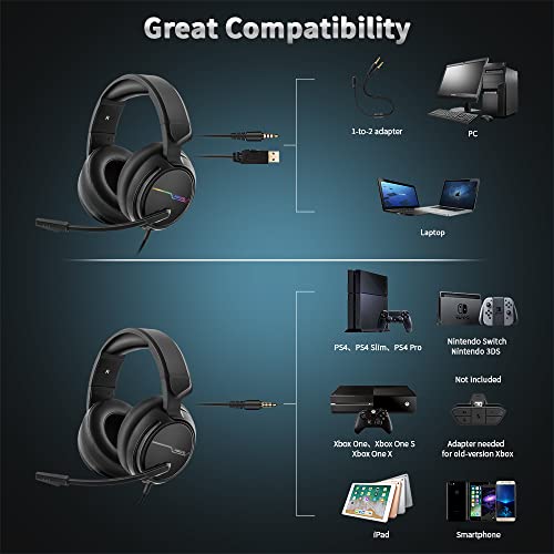Jeecoo V20 Stereo Gaming Headset for PS4 PS5 Xbox One - Over Ear Headphones with Noise Cancelling Microphone - LED Light Soft Earmuffs for PC Laptops Mobiles - color: Black-V20