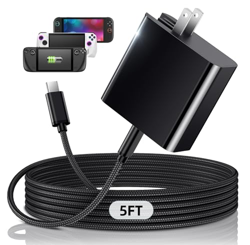 65W Fast Charger for Nintendo Switch 2, Steam Deck & ROG Xbox Ally,Xbox Rog X - PD3.0 Foldable AC Adapter with Cable, Switch 2 Charger Support TV Dock, [Original Steam Deck Charger Replacement] (5FT) - size: 5FT