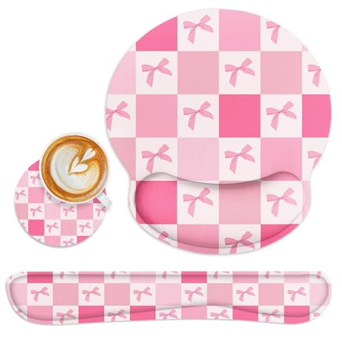 Ergonomic Mouse Pad Set with Wrist Rest, Pink Bow | Checkered Kawaii Non-Slip Rubber Base Wrist Cushion Support and Coasters Mousepad with Wrist Support for Computer Keyboard - color: Pink Retro