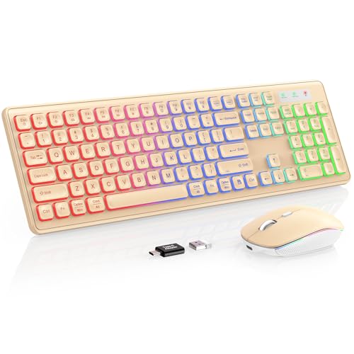 Wireless Keyboard and Mouse Combo, RGB Backlit, Trueque KM42Pro | RGB Rainbow Backlit, Rechargeable Keyboard Mouse, Sleep Mode, 2.4GHz Wireless, Silent Soft Typing, USB-C Adapter - color: Sand Gold
