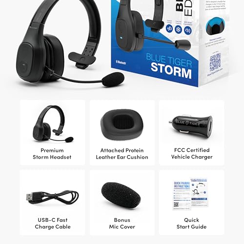 Blue Tiger Storm Black - Premium Trucker Bluetooth Headset - Wireless Noise Canceling Mono Headset with Mic - High-Fidelity Sound, 30-Hour Talk Time, USB-C Charging - for Truck Drivers, Bluetooth 5.0 - color: Black, style: Storm Black