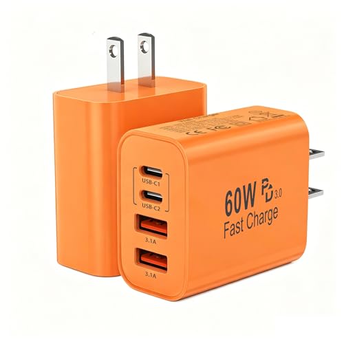 60W USB C Charger Block,2Pack 4-Port GaN USB C Charger Fast Charging Wall Plug Dual Type C+Dual USB-A Port Multiport Power Adapter Cube for iPhone 17 Pro Max/16/15/14/13/12/11,iPad Pro/Air/Mini-Orange - color: Orange, size: 2pack