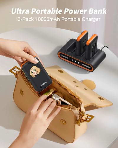 GOODaaa Portable Charger, 3-Pack 10000mAh Slim Power Bank Built in Cables, 3 Outputs 1 Inputs Family Power Hub for All Mobile Devices, Charging Station Set Includes 140 DlY Stickers, for Home,Office - color: Black