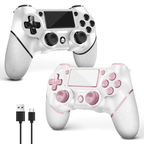 AceGamer 2 Pack for PS4 Controller, Wireless Controller for PS4/Pro/Slim/PC, with Non-Slip Grip of Both Sides,3.5mm Audio Jack and USB-C Cable! (Pink and White) - color: Pink and White