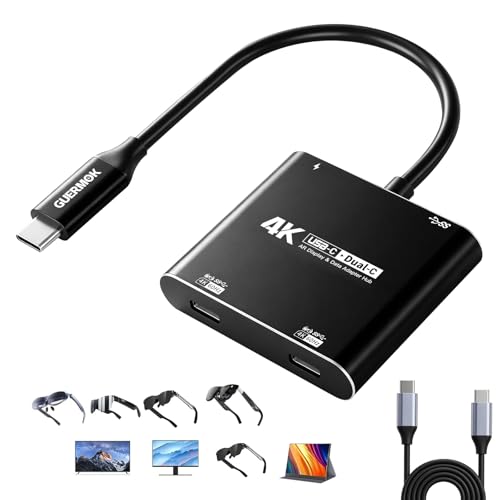Guermok 4-in-1 Dual USB-C Display Hub, 4K@60Hz Video Output, AR Glasses Hub | PD 100W Input & USB 3.0 5Gbps, Compatible with AR Glasses, Switch 2, Laptops, Portable Monitors & Type-C Displays（Black） - color: Black