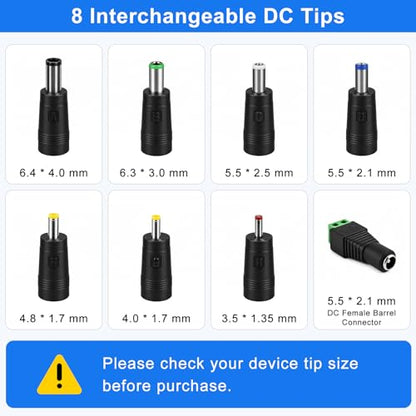 inShareplus 12V 3A Power Supply Adapter with 8 DC Tips, Universal AC to DC 12 Volt 36W Adapter for LED Strip Lights, Routers, DVR Systems and Other 12V Devices - size: 12V3A 36W