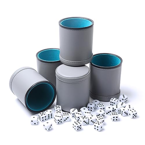 5 Pack PU Leather Dice Cups Felt Lining Quiet Shaker with 30 Dot Dice for Bar Party Yahtzee Farkle Dice Games, Grey - color: Grey