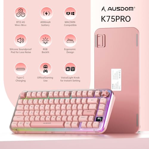 AUSDOM K75pro Wireless Gaming Creamy Keyboard, Tri-Mode BT/2.4G/USB-C Computer Keyboard, RGB Backlit Media Knob Creamy Keyboard, Pink - color: Pink