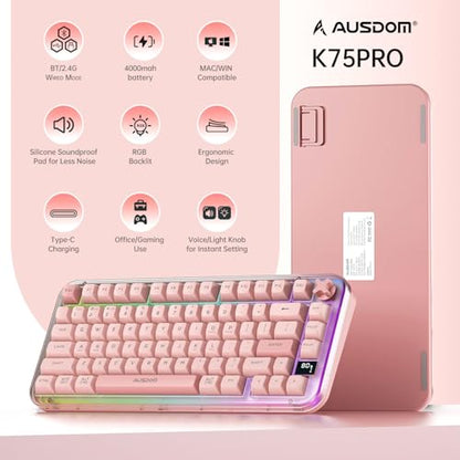 AUSDOM K75pro Wireless Gaming Creamy Keyboard, Tri-Mode BT/2.4G/USB-C Computer Keyboard, RGB Backlit Media Knob Creamy Keyboard, Pink - color: Pink