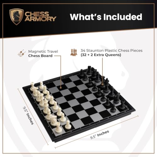 Chess Armory Magnetic 9.5 Inches Travel Chess Set - Folding Board with Storage Box & 2 Extra Queen.