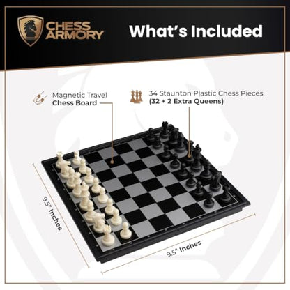 Chess Armory Magnetic 9.5 Inches Travel Chess Set - Folding Board with Storage Box & 2 Extra Queen.