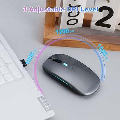 Wireless Bluetooth Mouse, Rechargeable Computer Mouse, Grey | Dual Mode - BT5.2 & 2.4G,Long Lasting,Silent RGB LED Mice,Slim Portable Mouse for Laptop,PC,Tablet,MacBook,iPad,Apple Devices - color: Grey