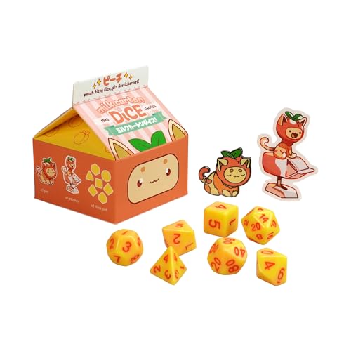 1985 Games Peach Cat Milk Carton Dice Set – Milk Carton-Inspired Dice for DND | TTRPGs & Tabletop Roleplaying - color: Peach