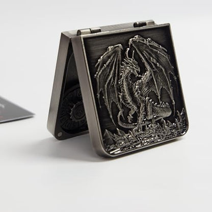 Metal DND Dice Set 7-in-1 Spinner with Dragon Case - Silver | Foldable polyhedral dice, for Dungeons & Dragons RPG games, Premium metal spinner,3D dragon, storage case included - color: Silver