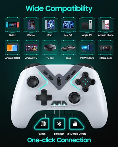 Dual Hall Effect PC Controller-No Drift No Dead Zone, Bluetooth Controller for PC Windows/iPhone/Android/Switch/Steam Deck/TV/Tesla with Hall Triggers & Joysticks/Joystick Speed Down (No Phone Clip) - color: White