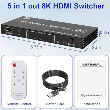 8K@60Hz HDMI 2.1 Switch 5 in 1, 4K@120Hz HDMI Switcher Selector with Remote, HDMI Splitter Support 48Gbps HDR 10+ Dolby Vision/Atmos HDCP 2.3 CEC for PS5 4 Xbox TV Game PC Roku