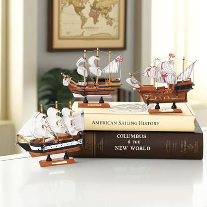 Historic Wooden Ship Models 6inch Set of 3, Mayflower, Santa Maria, USS Constitution, Nautical Ship Decor for Home Office Shelf, Maritime Collectible Gift for Son