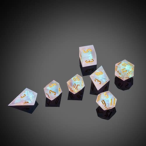 Cusdie 7 Pcs Frosted Dice Sharp Edges DND Dice, Handcrafted Polyhedral Dice Set, for Role Playing Game Pathfinder(Transparent) - color: Frosted-white