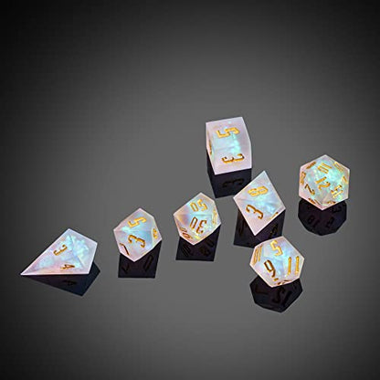 Cusdie 7 Pcs Frosted Dice Sharp Edges DND Dice, Handcrafted Polyhedral Dice Set, for Role Playing Game Pathfinder(Transparent) - color: Frosted-white