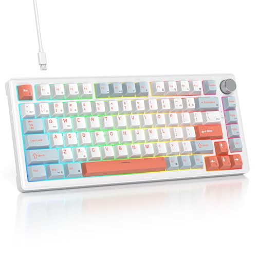 75% Mechanical Keyboard Gasket with Knob, Custom Wired Creamy Gaming Keyboard TKL 75 Percent Hot Swappable RGB Backlit, Pre-lubed Switch for Win/MAC PC Laptop（Salmon/White） - color: Salmon/White Switch