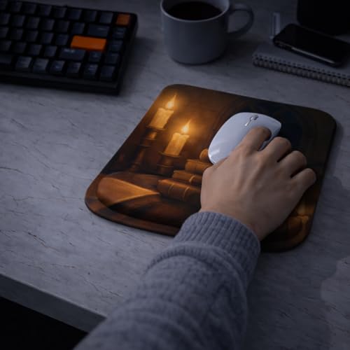 Ergonomic Memory Foam Mouse Pad with Wrist Support, Orange, Ultra-Smooth Surface, Anti-Slip Base (Book and Candle, Medium) - color: Book And Candle