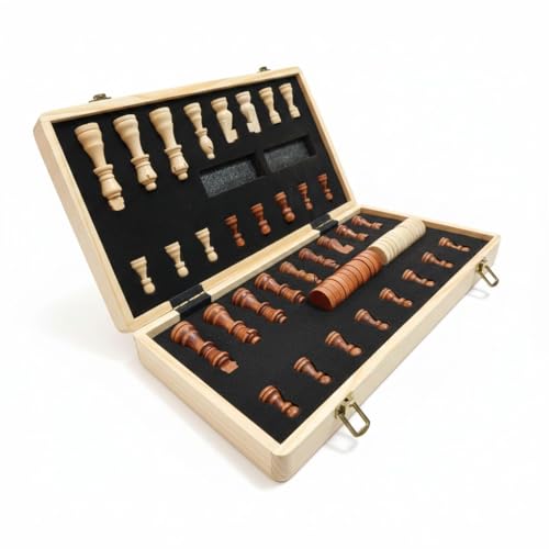 Wooden Magnetic Chess and Checkers Set, Folding Board with Storage Case, Classic 2-in-1 Strategy Board Game 15inches*15 inches