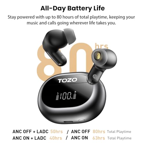 TOZO NC20 Active Noise Cancelling Wireless Earbuds LDAC Hi-Res Bluetooth | 6 Mics AI Call Ear Buds 80H Playtime, Dual Pairing, 32 EQ via App, IPX8 Waterproof, Wireless Charging Case - color: Matte Black