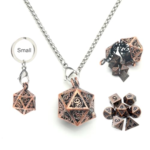 Haxtec Mini Metal DND Dice Set, D20 Hollow Cage Pendant Necklace & Keying | Portable 6mm Micro 7PCS D&D Dice, Cool Charm DND Accessories, For RPG Travel, Unique Gifts for Dungeons and Dragons Players - color: Copper