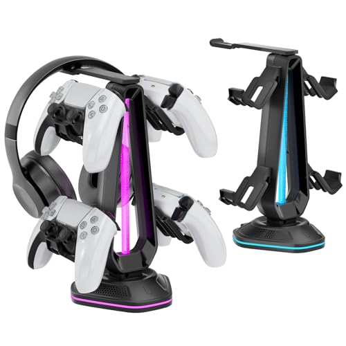 Saitake RGB Controller Holder with 9 Light Modes,Controller Stand with 2 USB Ports,Headset Stand for Desk-Headphone Holder Suitable for Xbox PS4 5 Switch Controllers Gaming Room Deco - color: Black